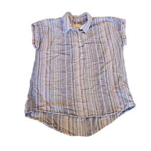 Style & Co Medium Blue Striped Button Front Cotton Blouse Short Sleeve Collared